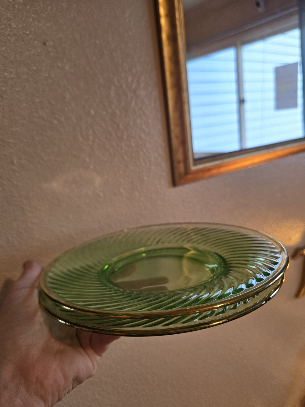 Green Vintage Uranium Glass Decorative Plate - Ribbed Swirl Pattern & Gold Trim